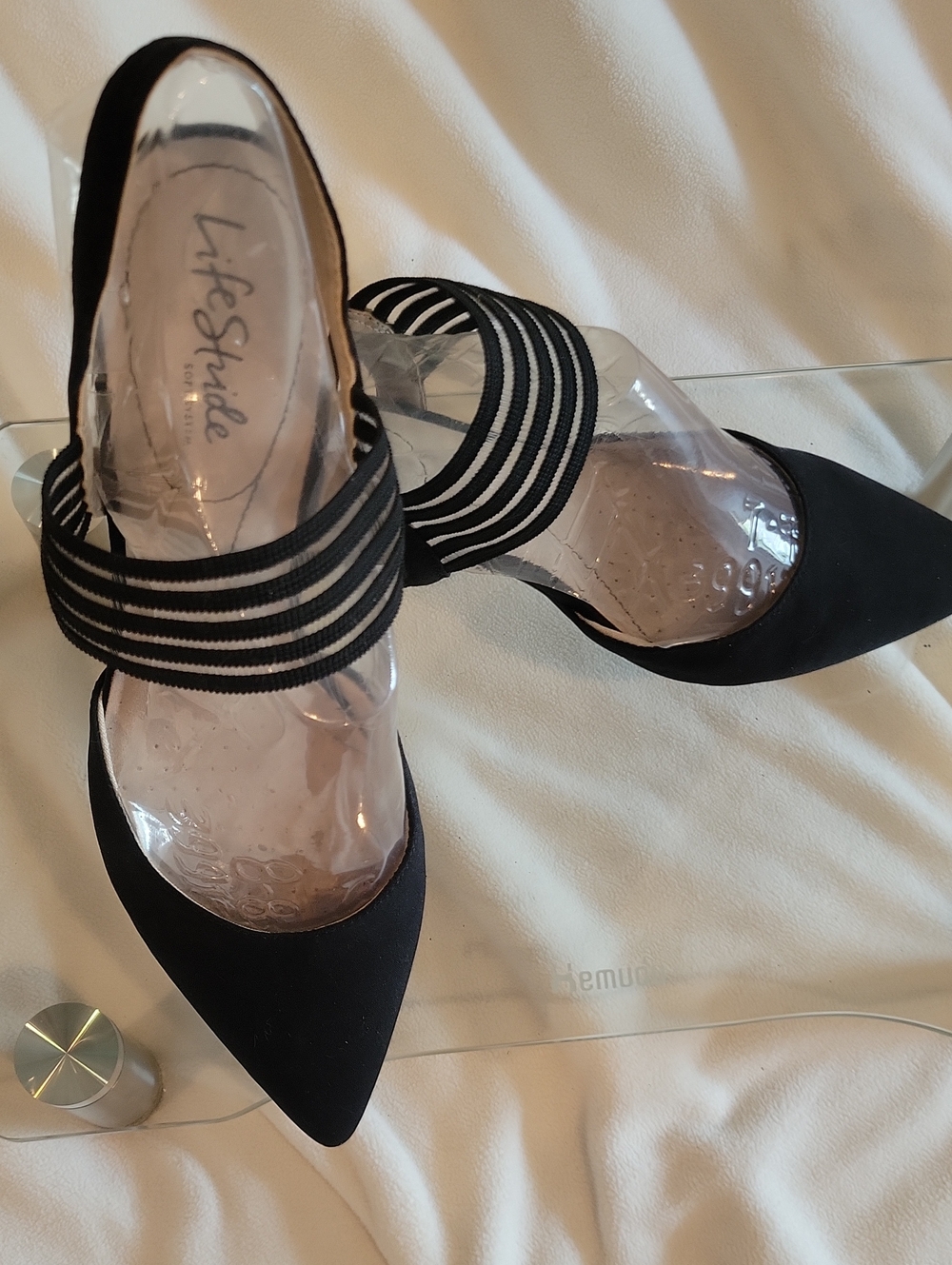 Life Stride Black Pointed Toe Slingback Heels with Striped Ankle Band Sz 8.5W